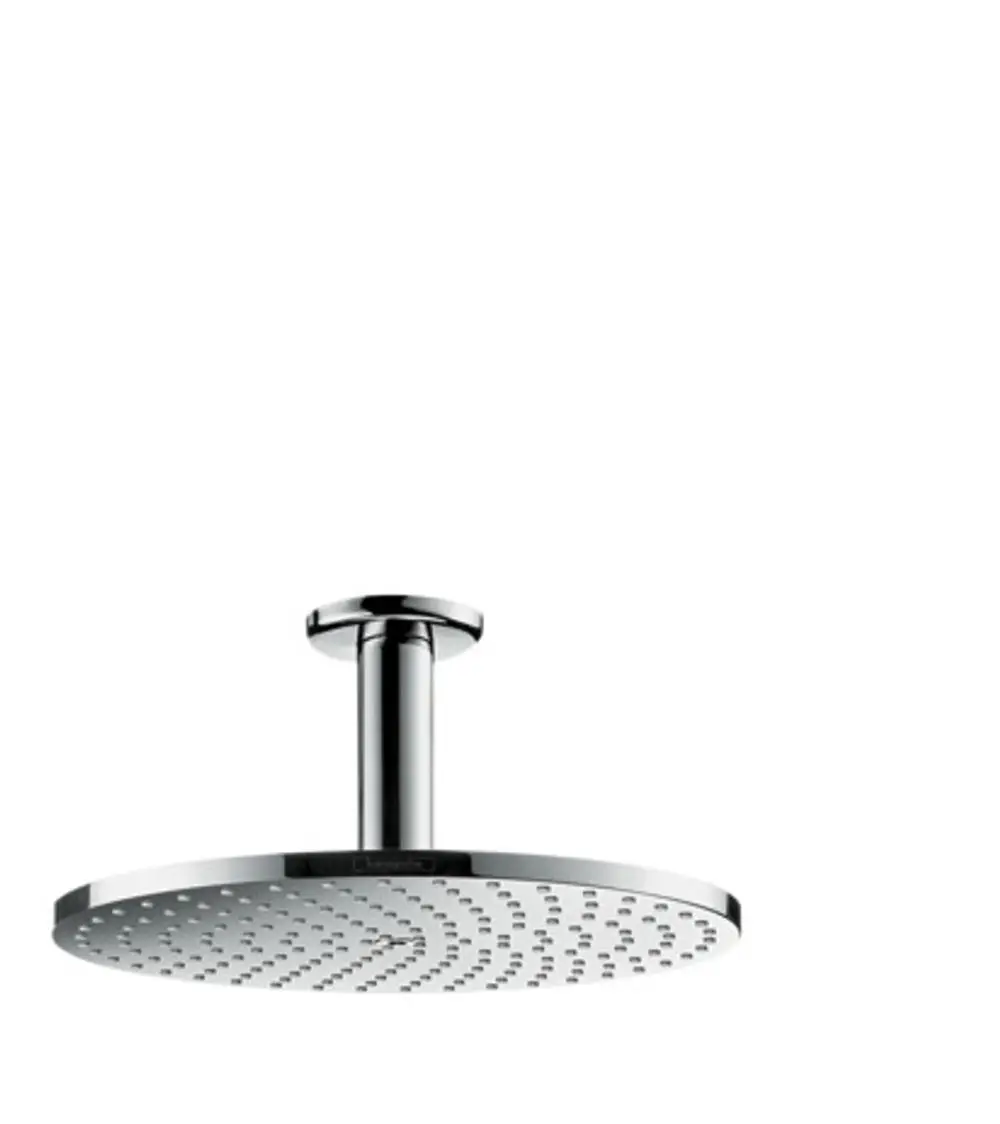 Kopfbrause mit runder, flacher Oberfläche, Deckenanschluss und verchromtem Finish. Produkt von Hansgrohe.
